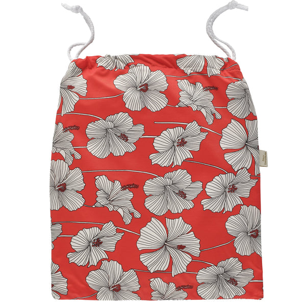 Cream and red lycra hibiscus print wash bag with white cord pulls and white waterproof lining