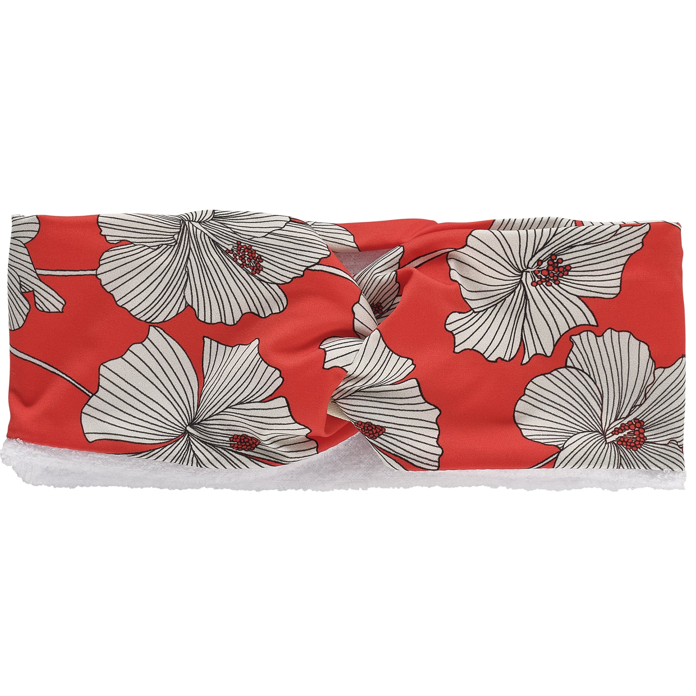 Cream & red hibiscus print lycra hairband with white microfibre lining and twist at top.