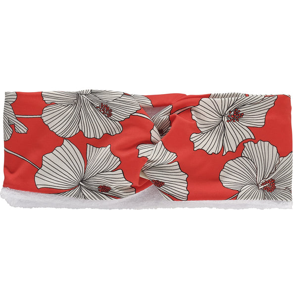 Cream & red hibiscus print lycra hairband with white microfibre lining and twist at top.