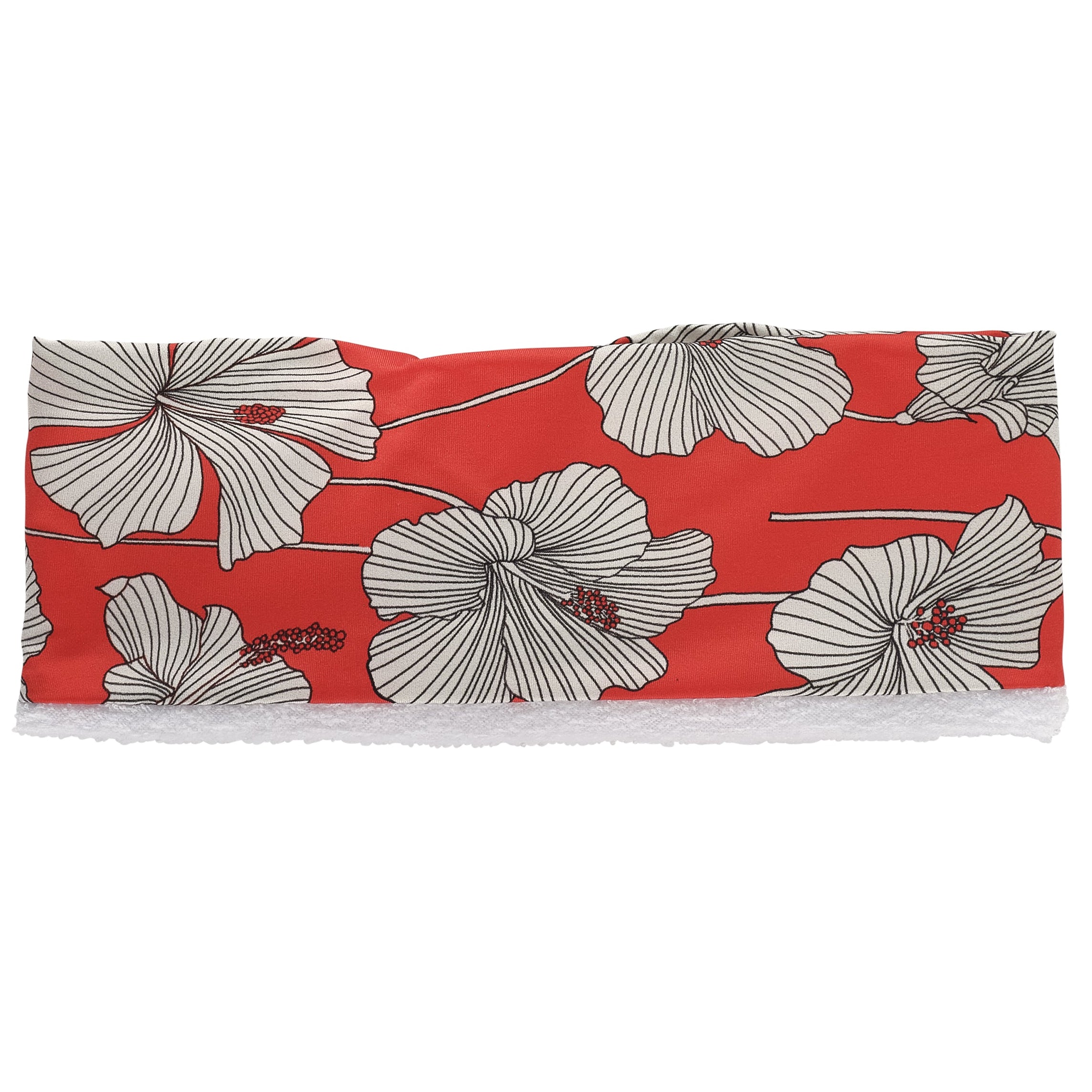 Cream & red hibiscus print lycra hairband with white microfibre lining and twist at top.