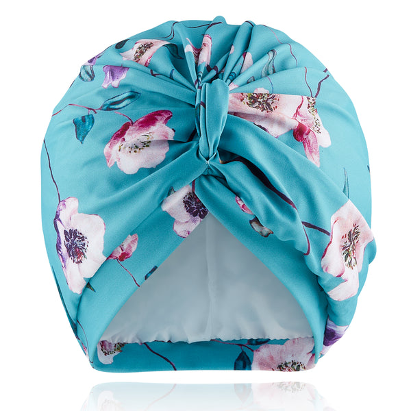 Delicate jade green floral lycra pull on waterproof turban, with pretty gathered knot at front