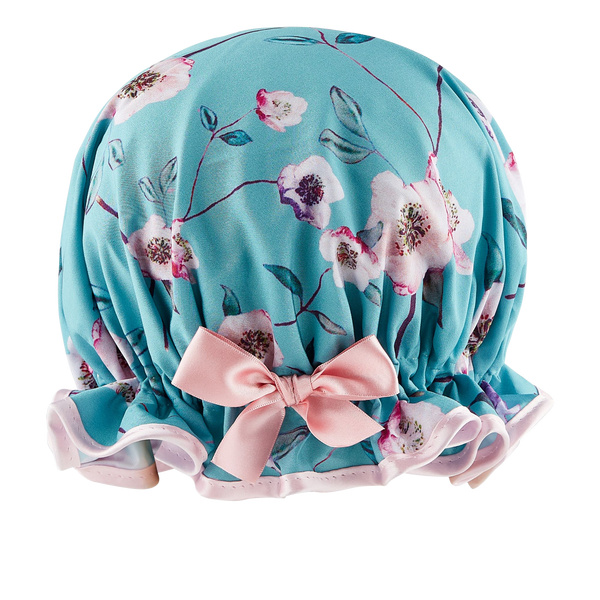 Retro style woman's frilled style shower cap.  Satin floral print on jade background with pink trim and satin bow.