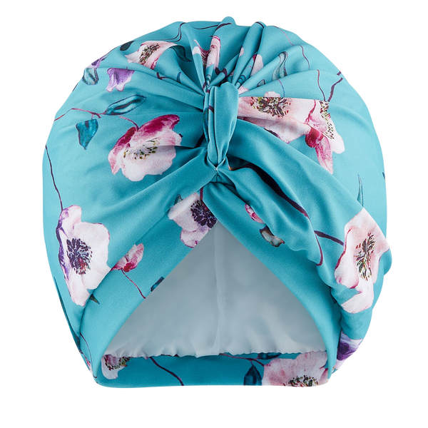 Delicate jade green floral lycra pull on waterproof turban, with pretty gathered knot at front
