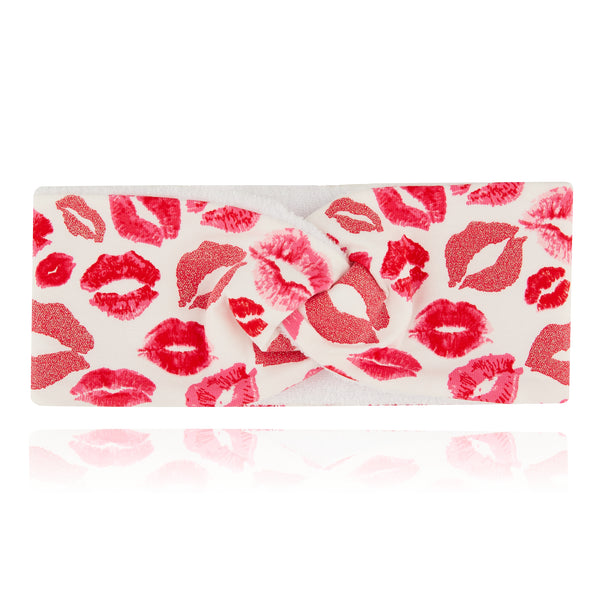 Kiss Kiss Luxury Hairband - Pink Lipstick Jersey Print - Towelling Lining - Machine Washable - British Made