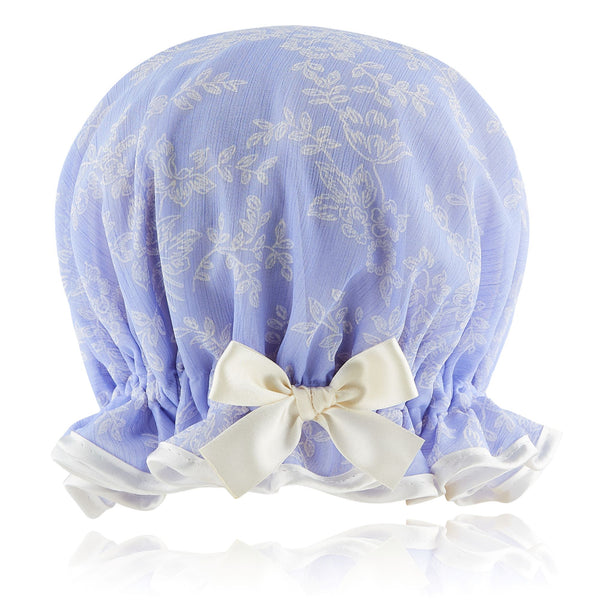 Vintage style, women's large chiffon shower cap.  Frilled edge, ivory leafy print on lavender background with ivory trim and matching satin bow.