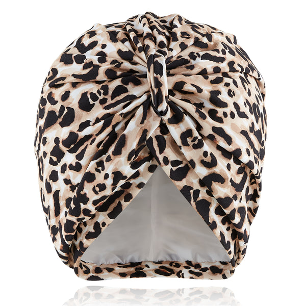 Black and beige animal print lycra pull on waterproof shower turban, with pretty gathered knot at front
