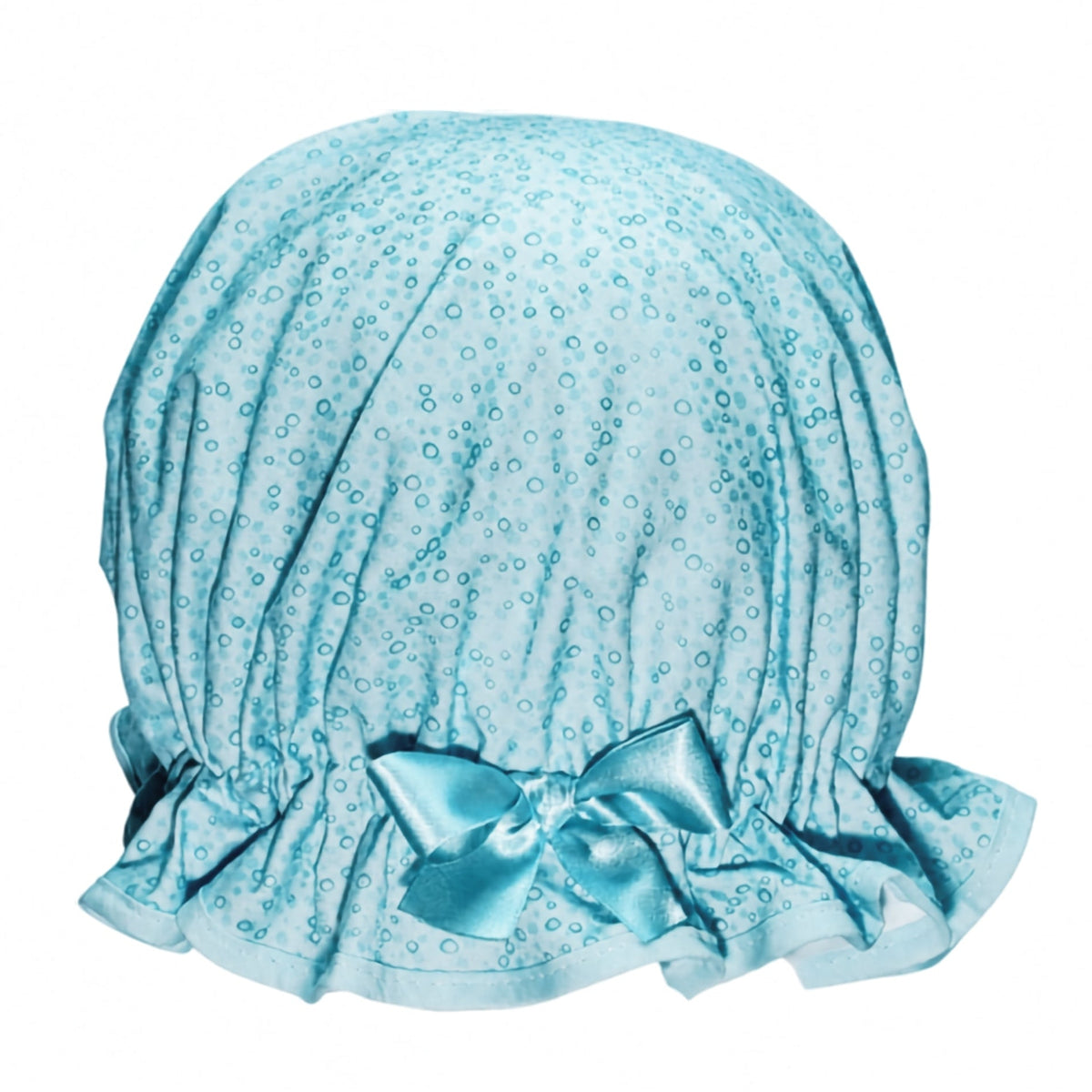 Product shot of a fresh blue bubble print shower cap with with frill, matching trim and satin bow.