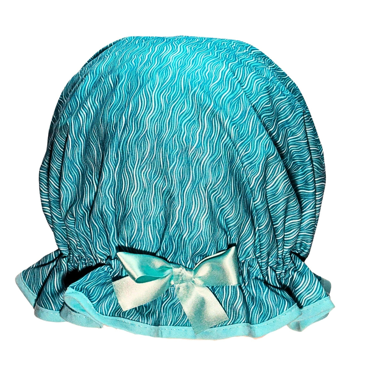 Vintage style women's roomy shower cap.  Frilled edge, aqua and mint cotton ripples and waves print with cool aqua trim and matching satin bow.