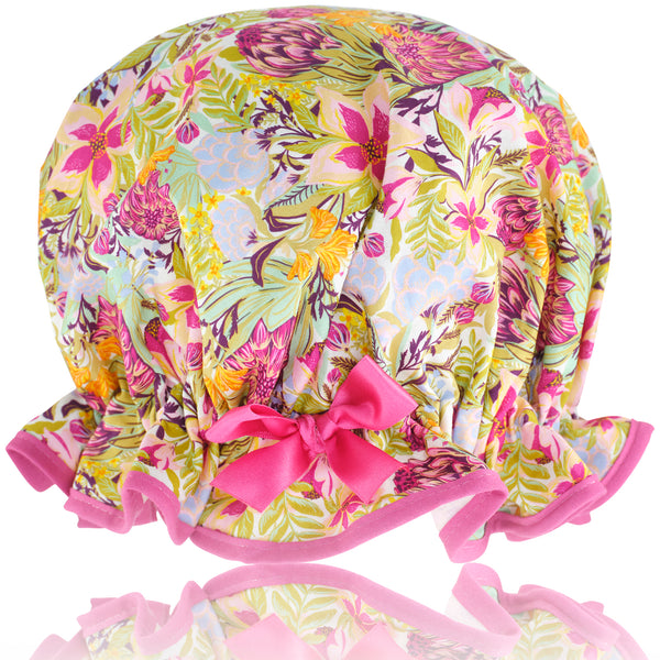 Ladies Floral Shower Cap - Paradise Flowers - British Made Designer Hat - Machine Washable - Adjustable Sizing - Quality Cotton Fabric