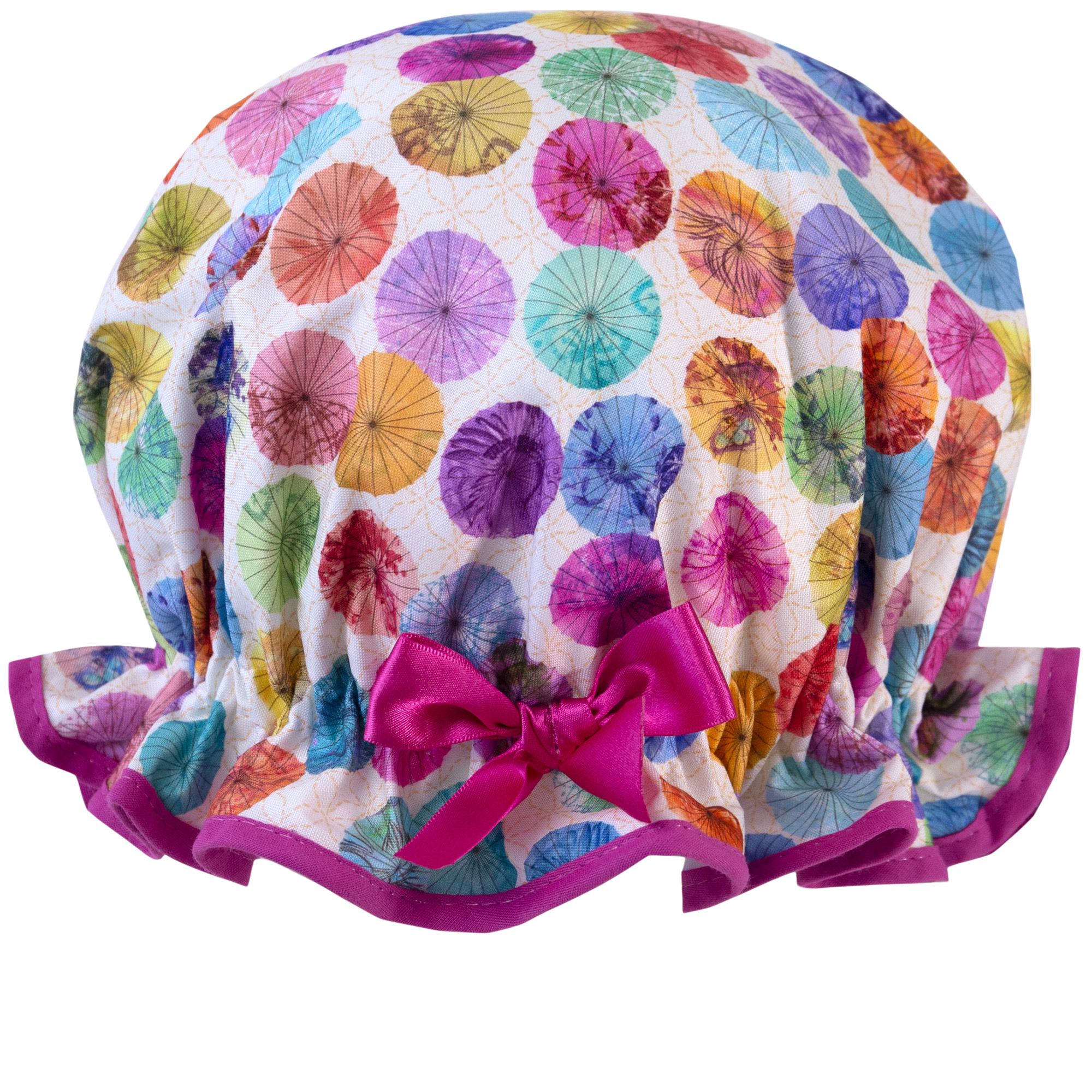 Vintage style, women's large cotton shower cap.  Frilled edge, multi-coloured parasol print trimmed in warm pink and matching satin bow.