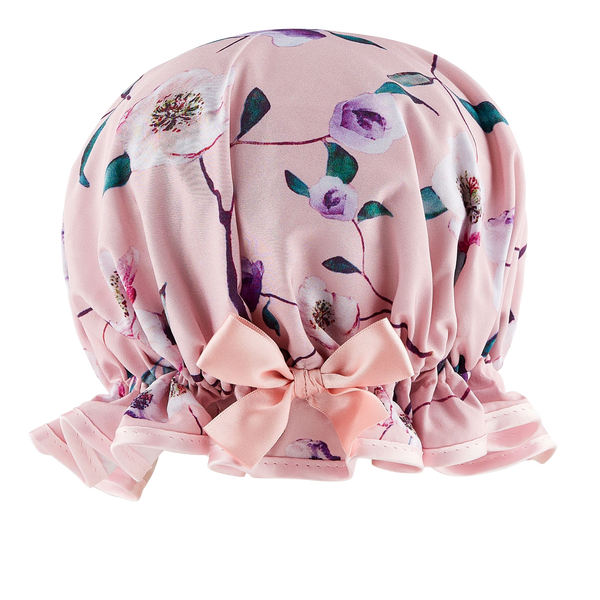 Vintage style woman's frilled style shower cap.  Satin floral print on pale pink background with pink trim and satin bow.
