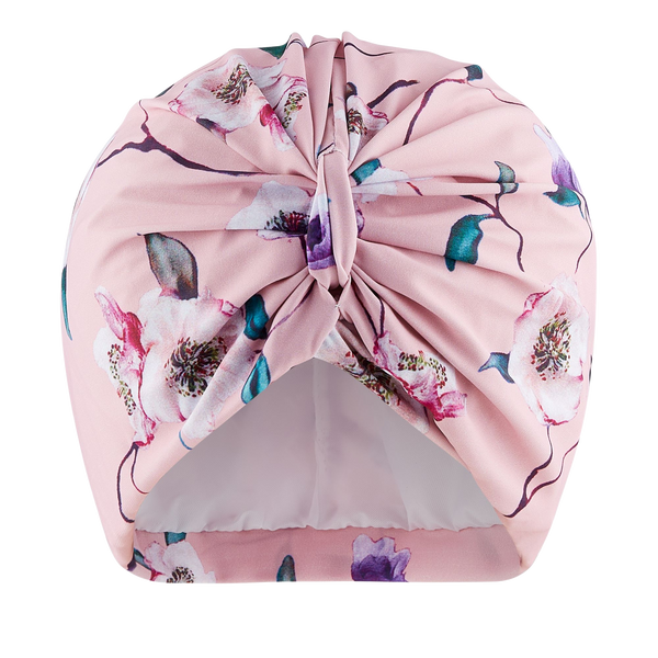 Delicate pink floral lycra pull on waterproof turban, with pretty gathered knot at front