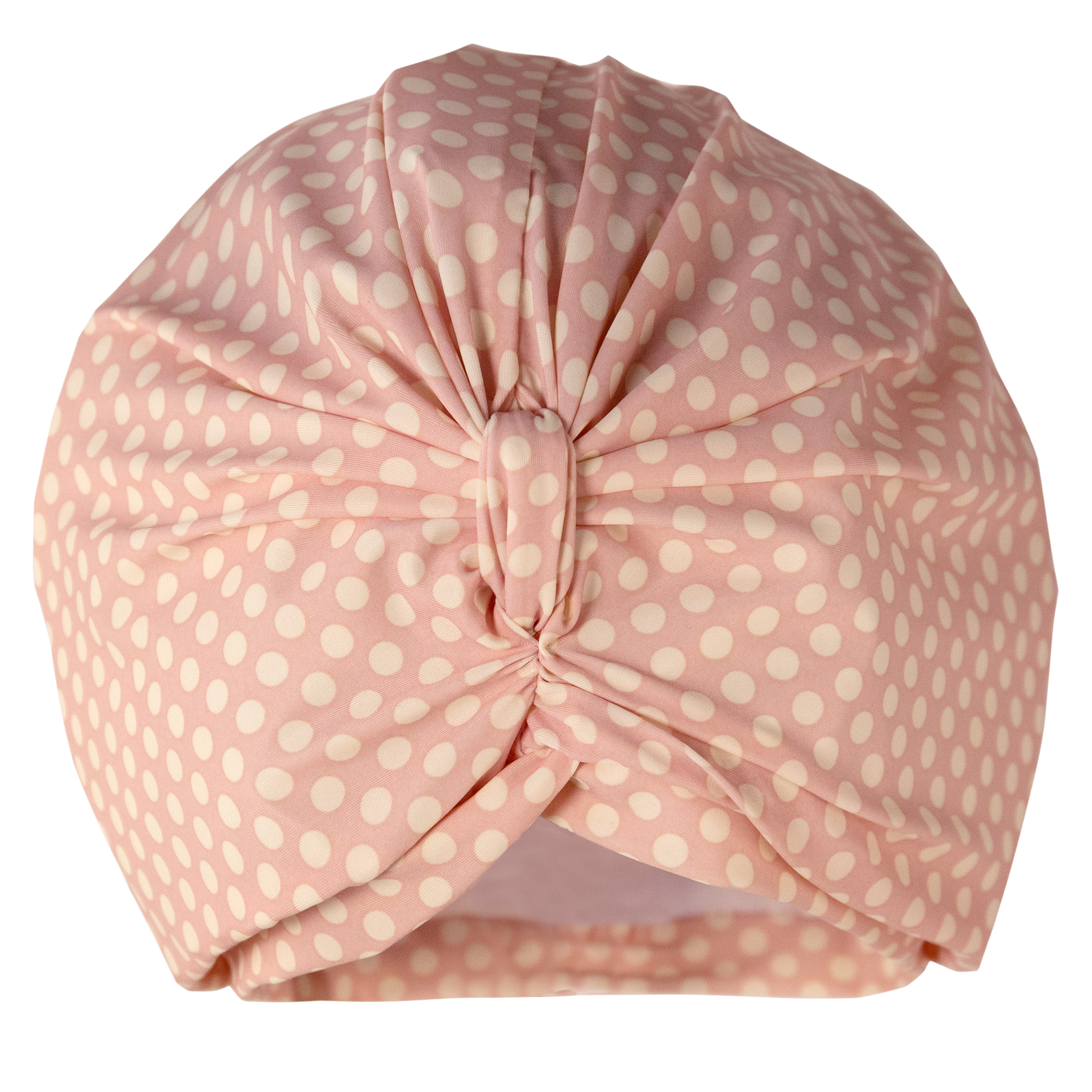 Soft pink with cream spot lycra pull on waterproof shower turban, with pretty gathered knot at front
