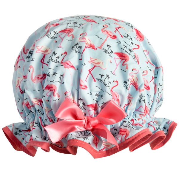 Vintage style cotton shower cap.  Frilled edge, pink flamingos with small black palm tree outline on pale blue background.  Coral trim and satin bow.