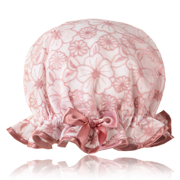 Vintage style, women's large shower cap. Frilled edge, embroidered pink floral tulle, trimmed in an antique pink satin with matching bow.