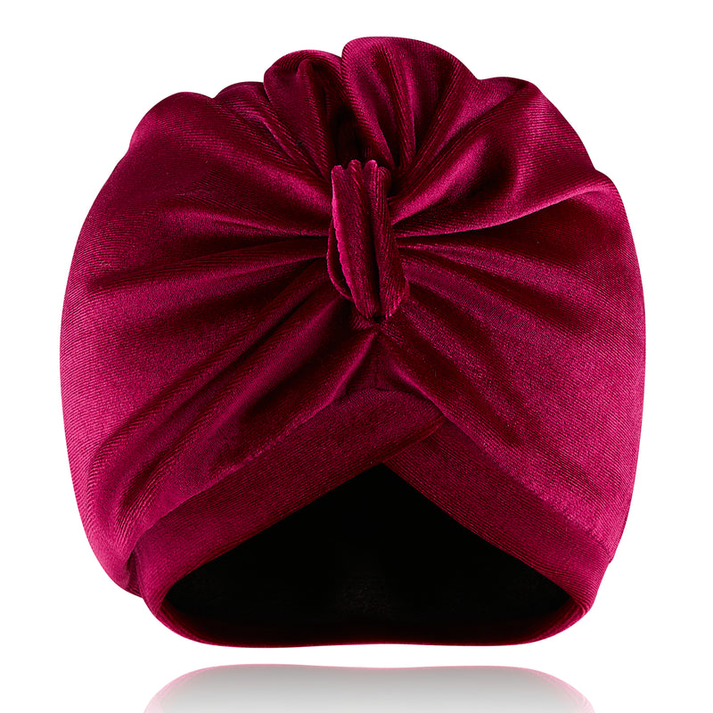 Deep pink pull on black towelling lined drying turban, with pretty gather and knotted at front