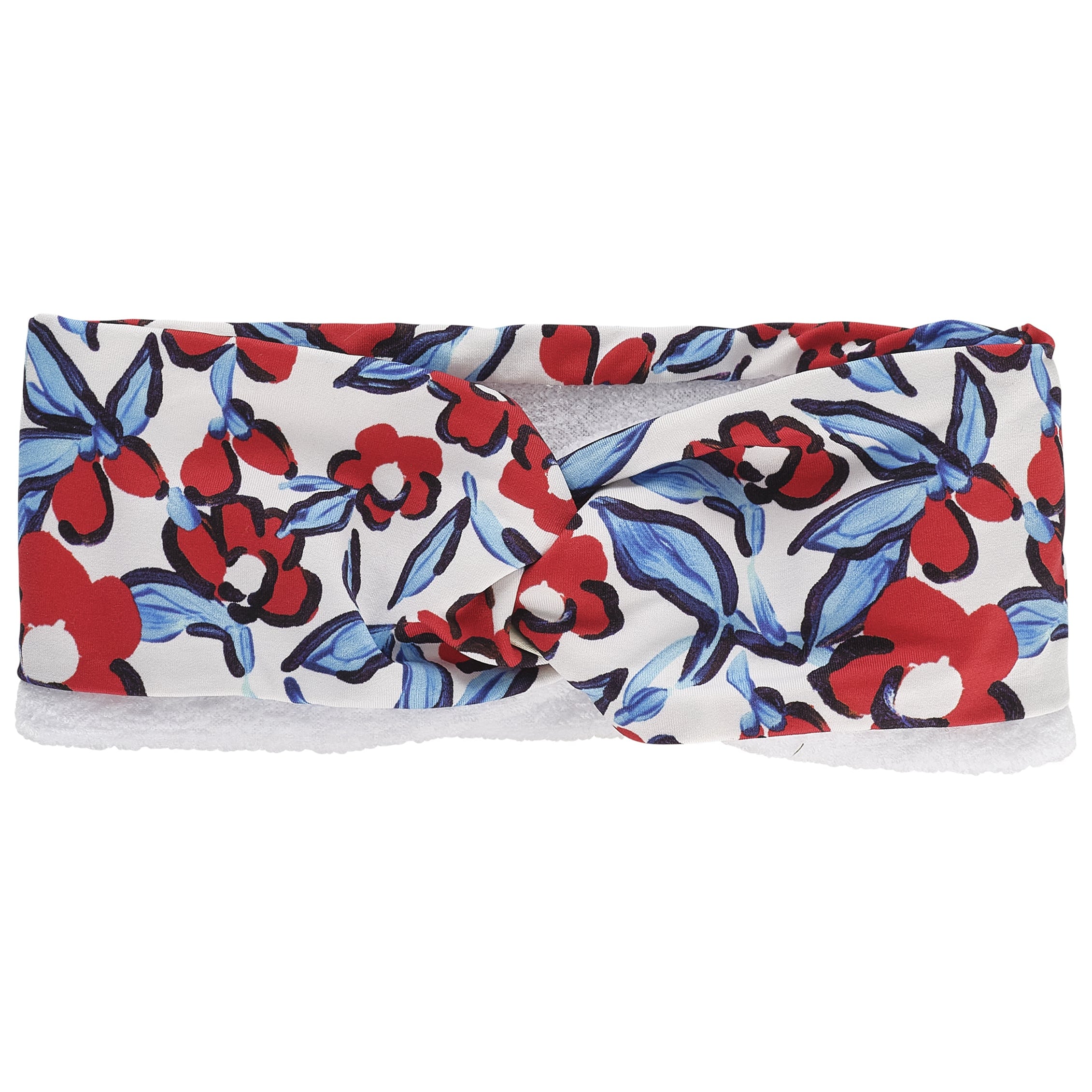 Red & blue floral lycra hairband, with white microfibre lining with twist at front