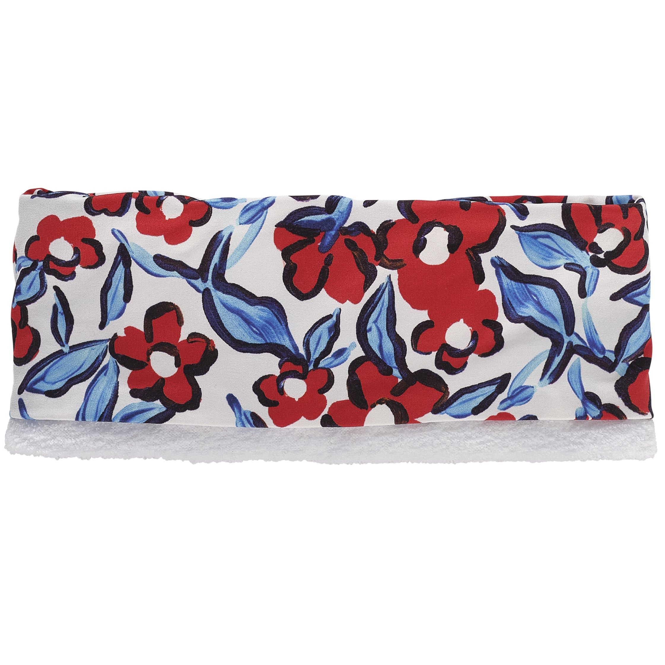 Red & blue floral lycra hairband, with white microfibre lining with twist at front