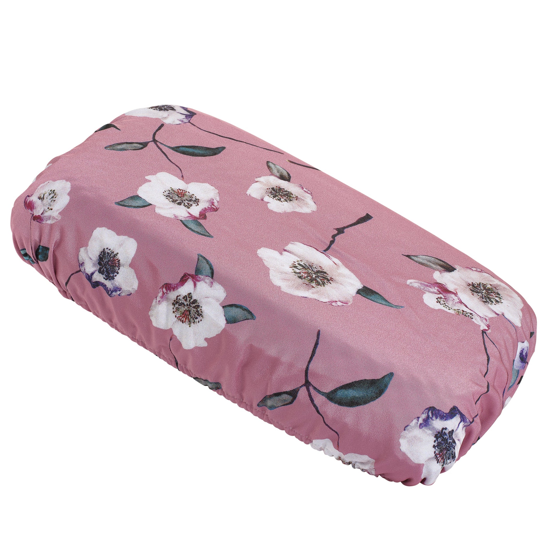 Soft waterproof rectangular bath pillow covered in a dusky pink soft rose satin print. Two suckers on reverse.
