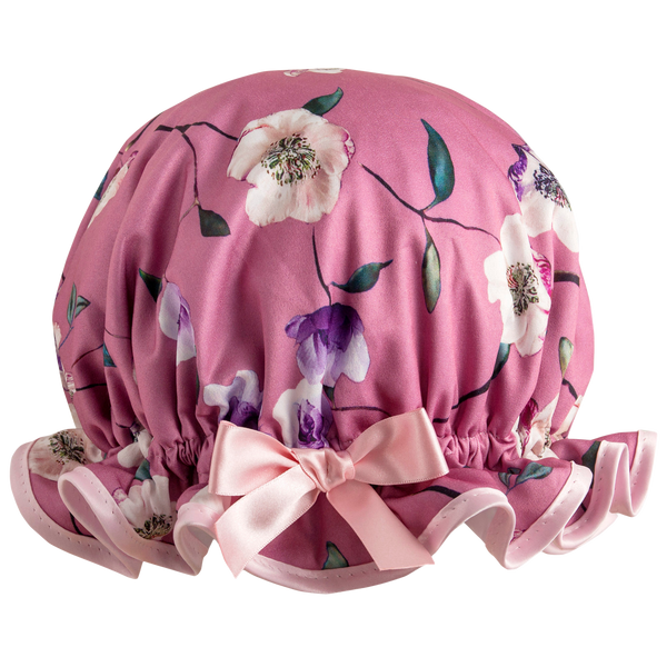 Retro style, women’s large satin shower cap. Frilled edge, dusky pink soft rose print with pale pink edge and matching satin bow.