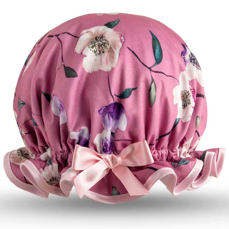 Retro style, women’s large satin shower cap. Frilled edge, dusky pink soft rose print with pale pink edge and matching satin bow.