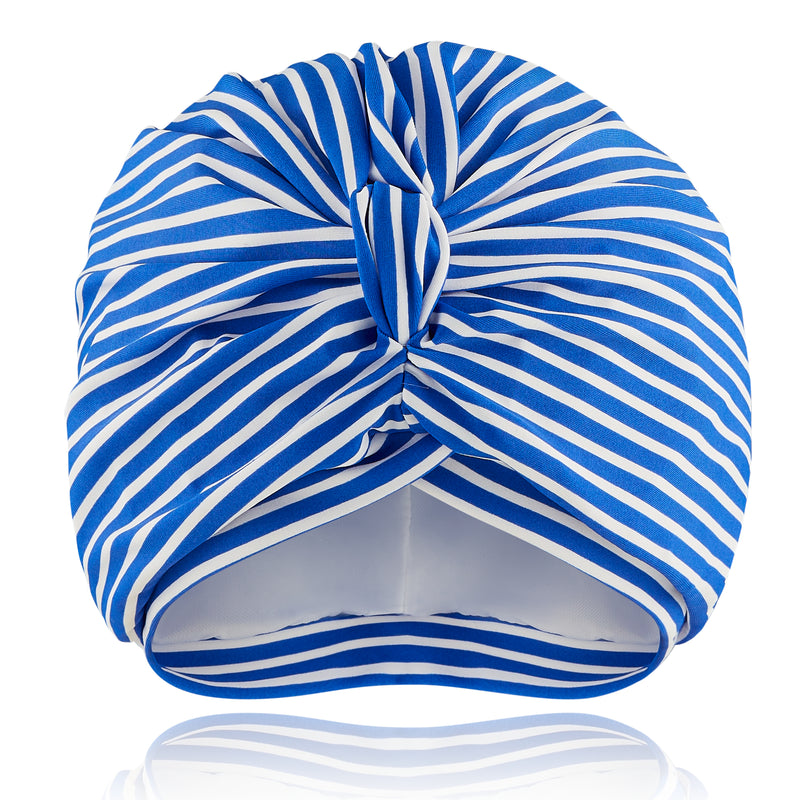 Royal blue and white stripe lycra pull on waterproof turban, with pretty gathered knot at front