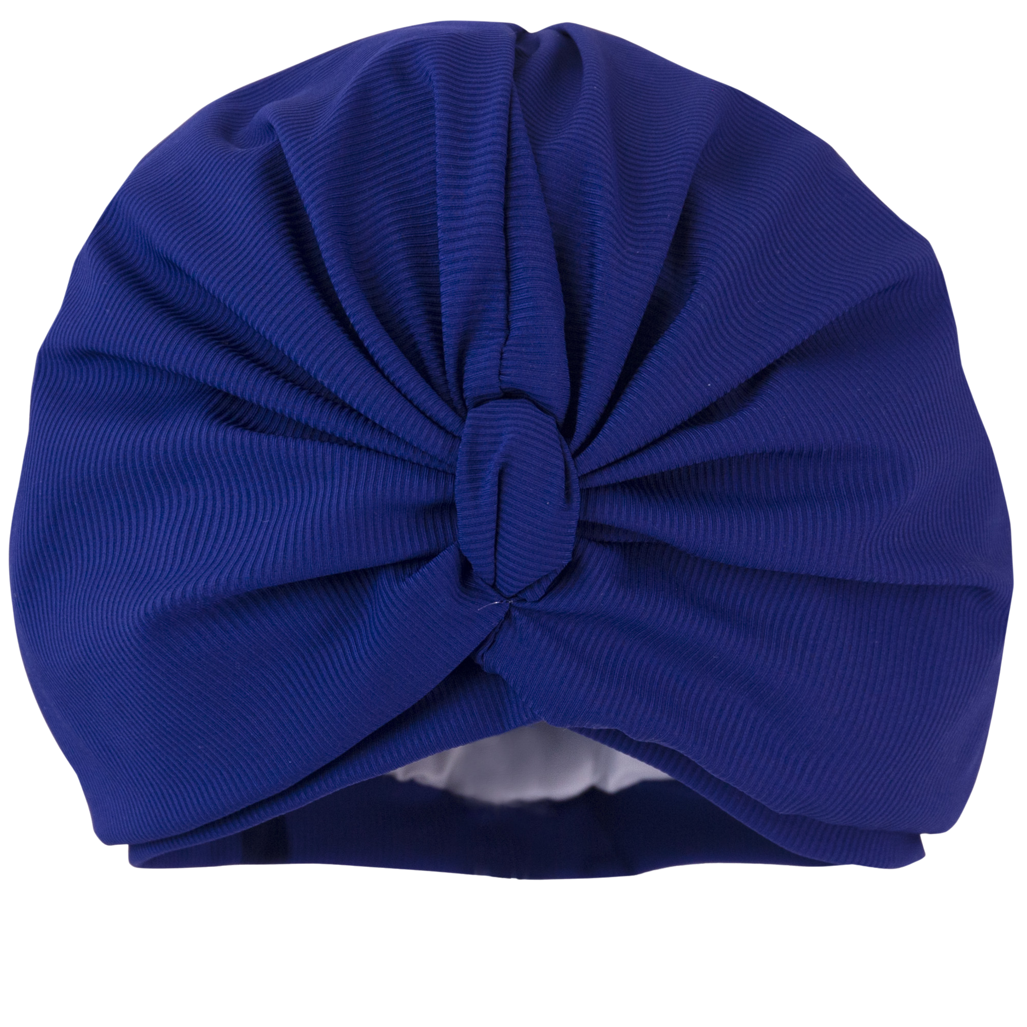 Plain royal blue lycra pull on waterproof shower turban, with pretty gathered knot at front
