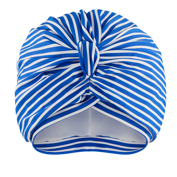 Royal blue and white stripe lycra pull on waterproof turban, with pretty gathered knot at front
