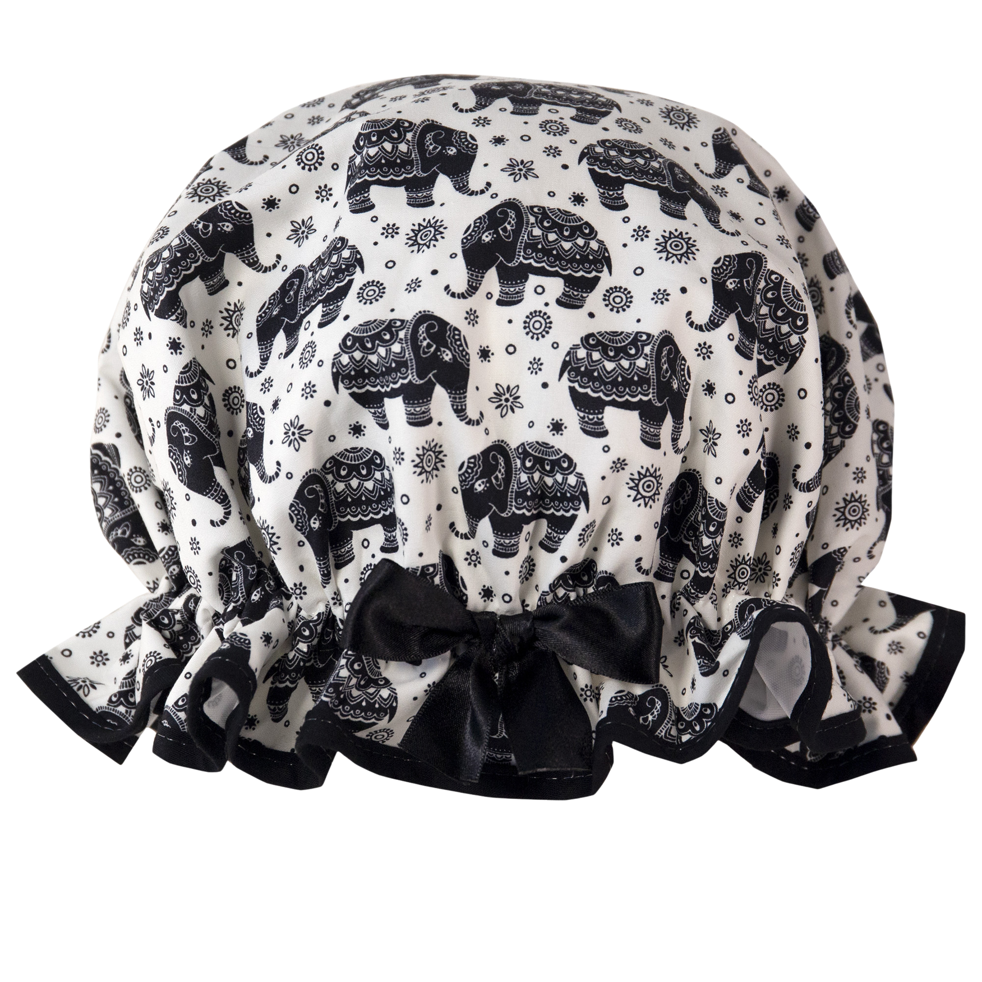 Vintage style, women’s large cotton  shower cap. Frilled edge, black elephant print or ivory background with black trim and matching satin bow.