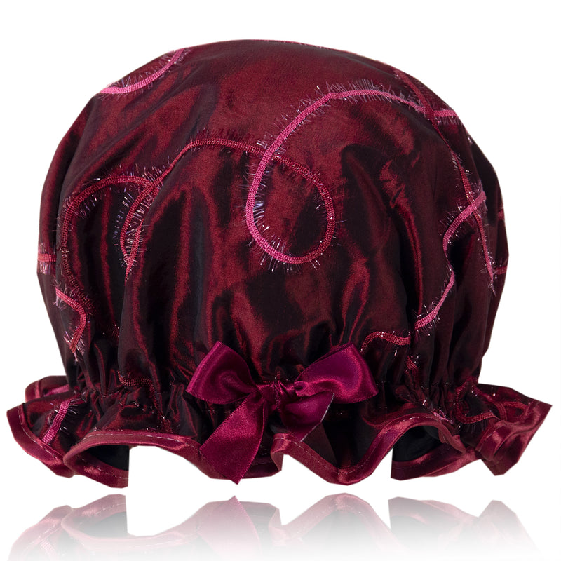 Ruby Red taffeta vintage style frill shower cap. Swirl style embroidery.  Ruby trim and matching satin bow.
