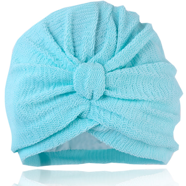 Plain aqua coloured textured lycra pull on waterproof shower turban, with pretty gathered knot at front.
