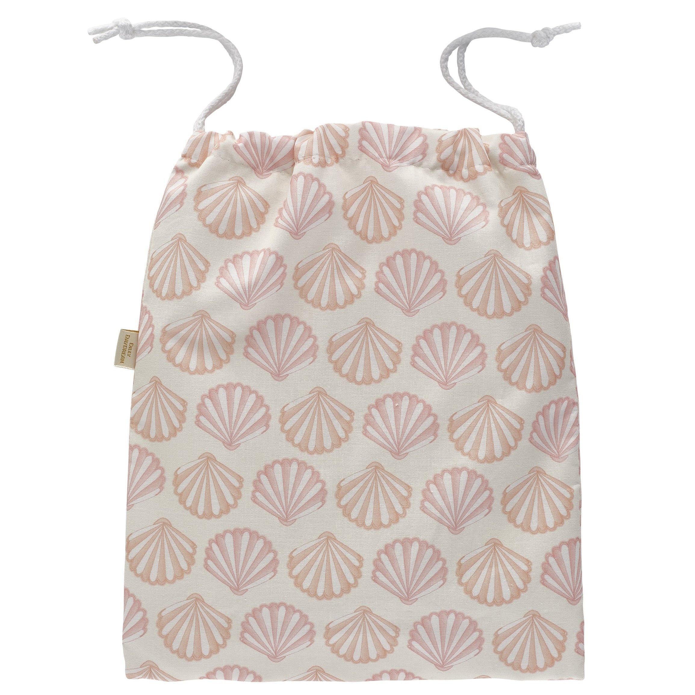 Flat coral & pink cotton seashell print washbag with white cord pulls and white waterproof lining