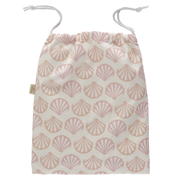 Flat coral & pink cotton seashell print washbag with white cord pulls and white waterproof lining