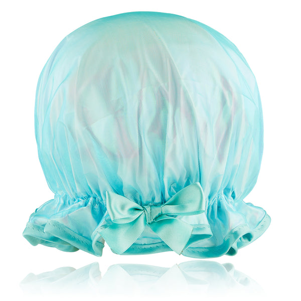 Vintage style women's adjustable shower cap. Frilled edge, iridescent bright blue organza with matching trim and satin bow.