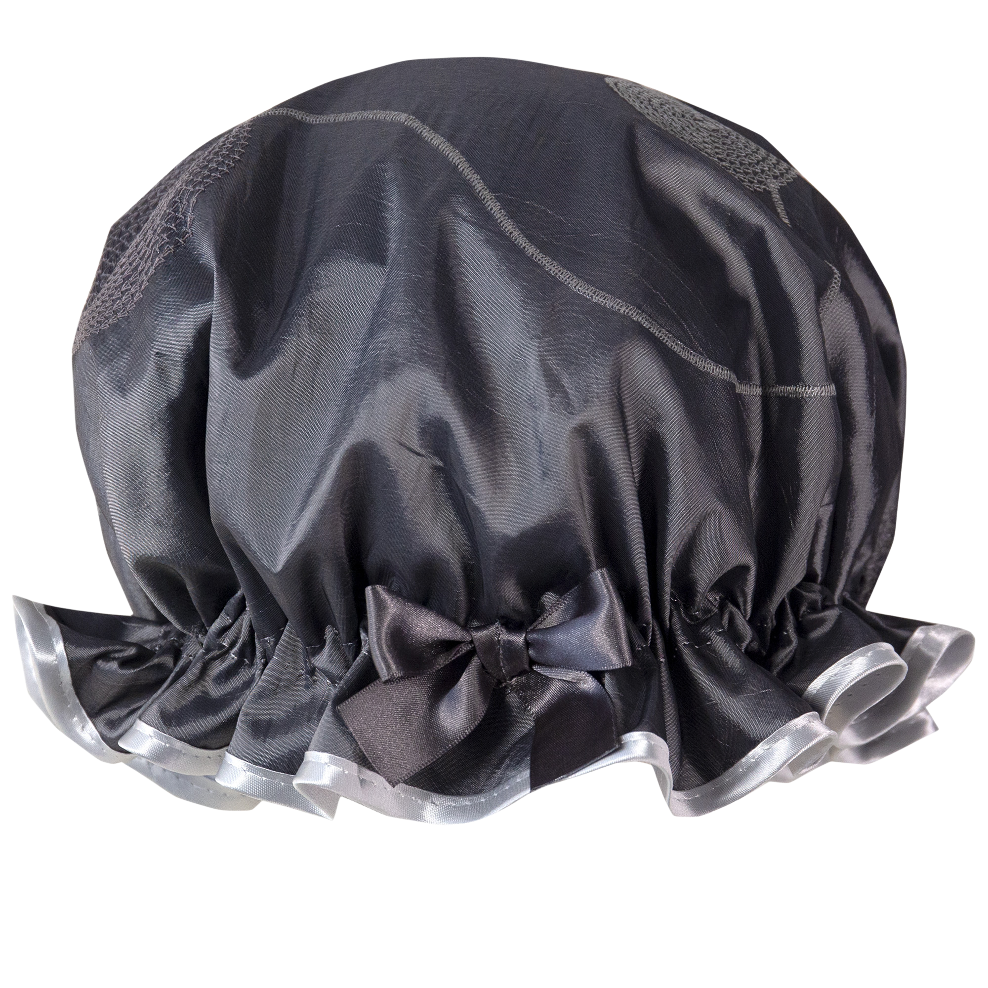 Charcoal grey taffeta vintage style frill embroidered shower cap. Silver embroidery.  Charcoal bow and light silver trim.