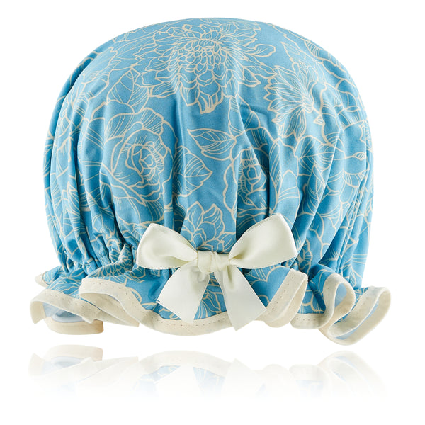 Vintage style, women’s large cotton  shower cap. Frilled edge, ivory flowers on sky blue background with ivory trim and matching satin bow.