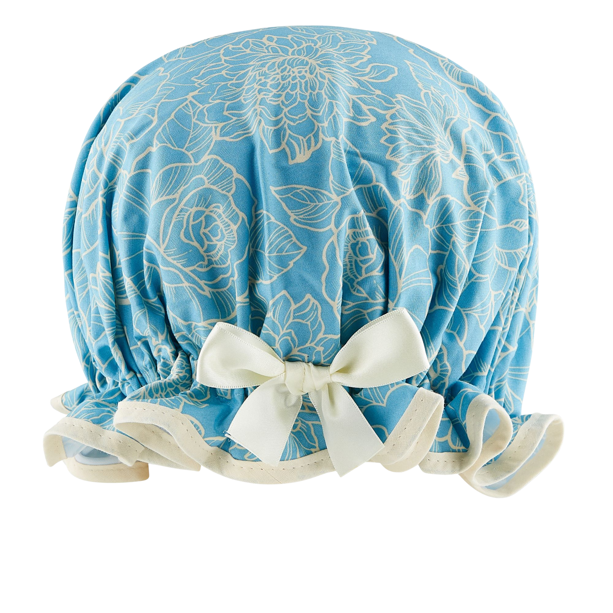 Vintage style, women’s large cotton  shower cap. Frilled edge, ivory flowers on sky blue background with ivory trim and matching satin bow.
