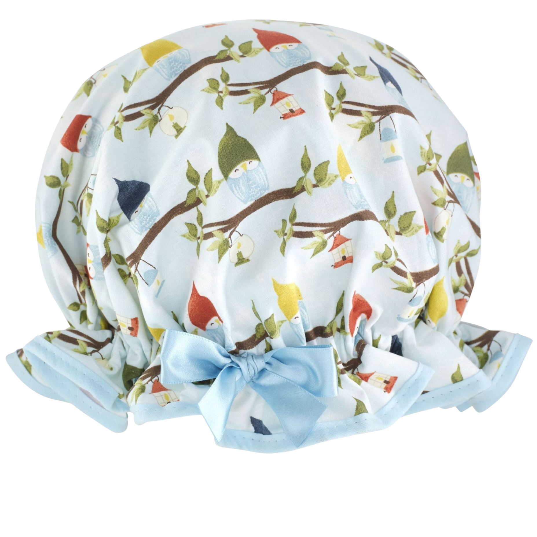 Vintage style women's large cotton shower cap.  Frilled edge, blue with colouful sleeping owls on branches print. Complementary pale blue trim and satin bow.
