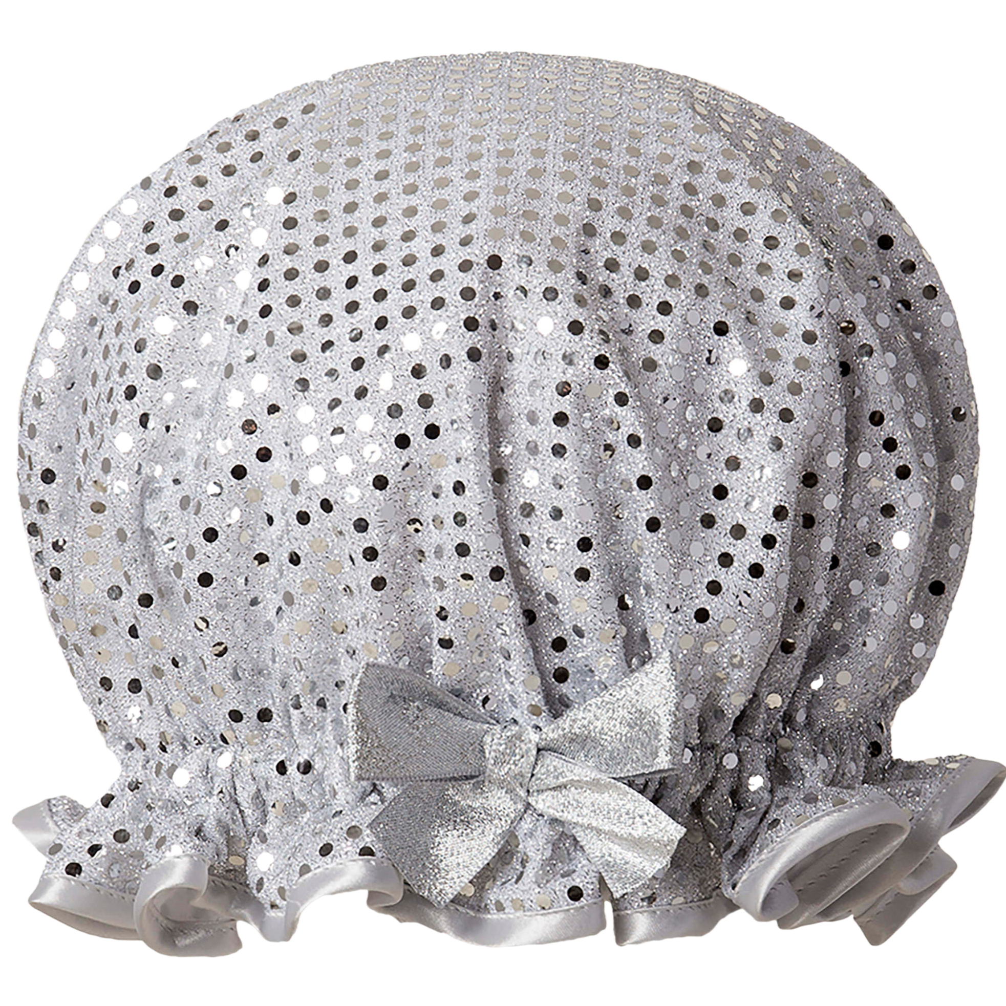 Vintage style, silver mesh shower cap. Frilled edge and covered in silver sequins.  Grey satin trimmed edge and matching satin bow.