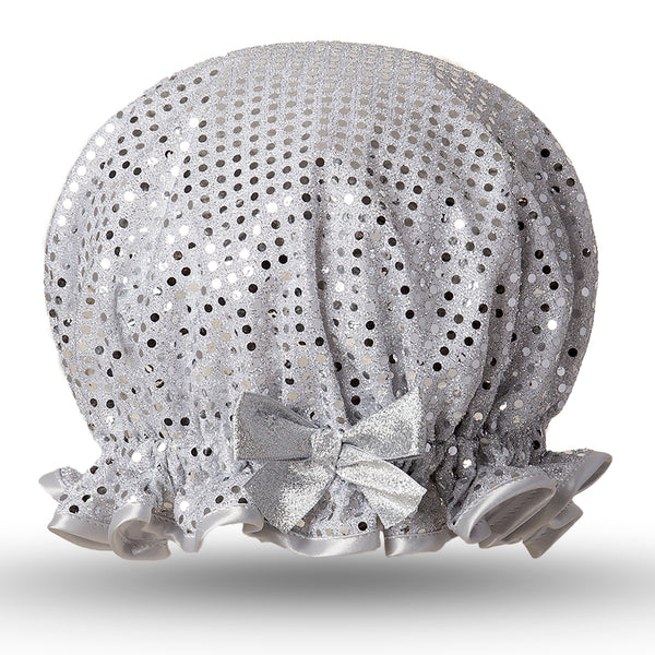 Vintage style, kid's foil shower cap. Frilled edge and covered in silver sequins.  Grey satin trimmed edge and matching satin bow.