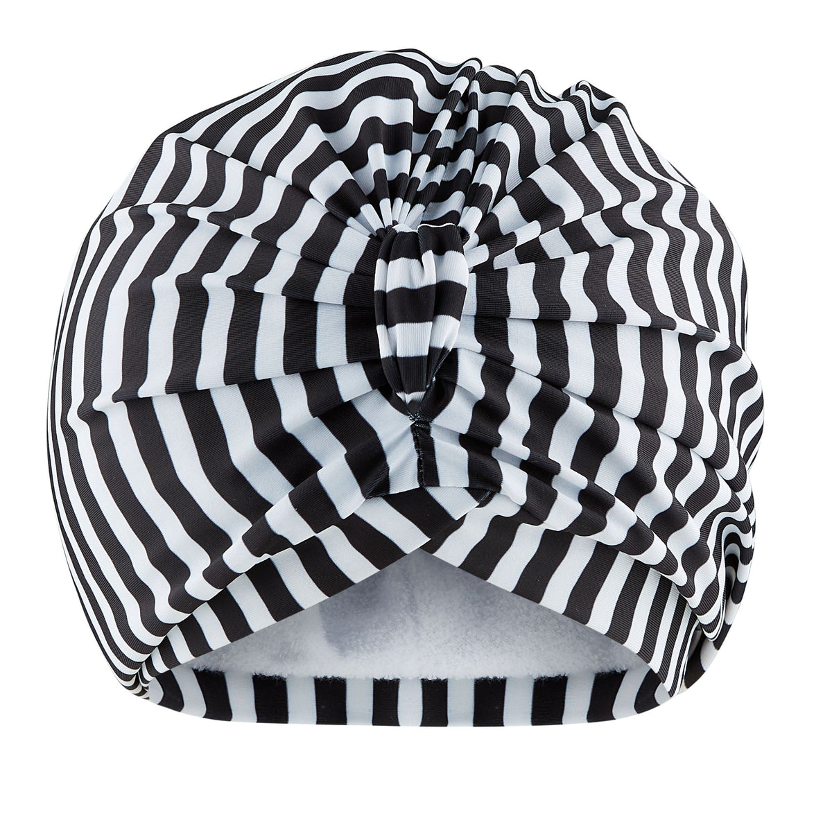 Black and white striped lycra pull on jersey lined drying turban, with pretty gather and knotted at front.