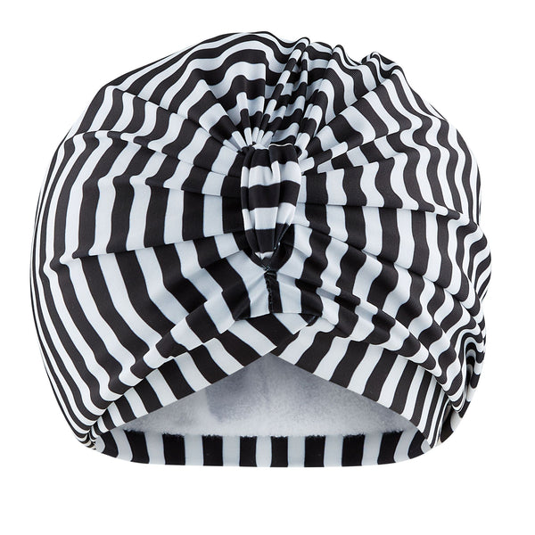 Black and white striped lycra pull on jersey lined drying turban, with pretty gather and knotted at front.