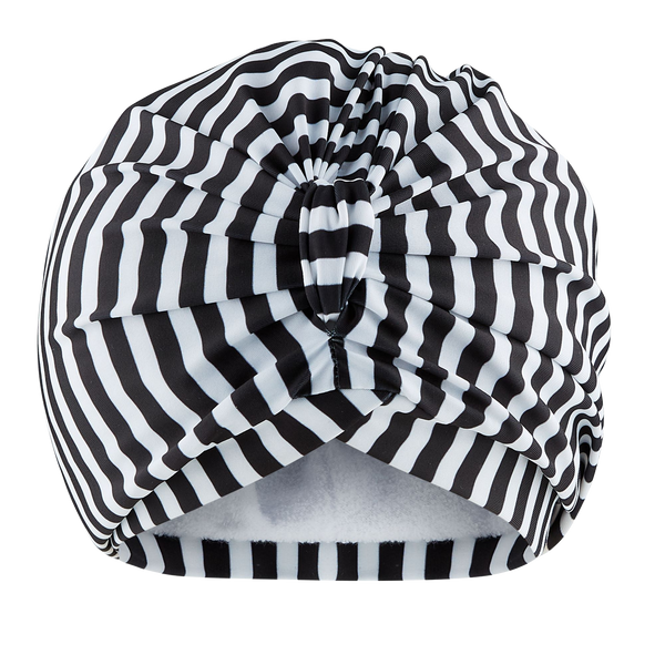 Black and white stripe lycra pull on waterproof turban, with pretty gather and knotted at front.
