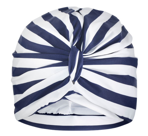 Blue and white striped lycra pull on  turban, with pretty gather and knotted at front
