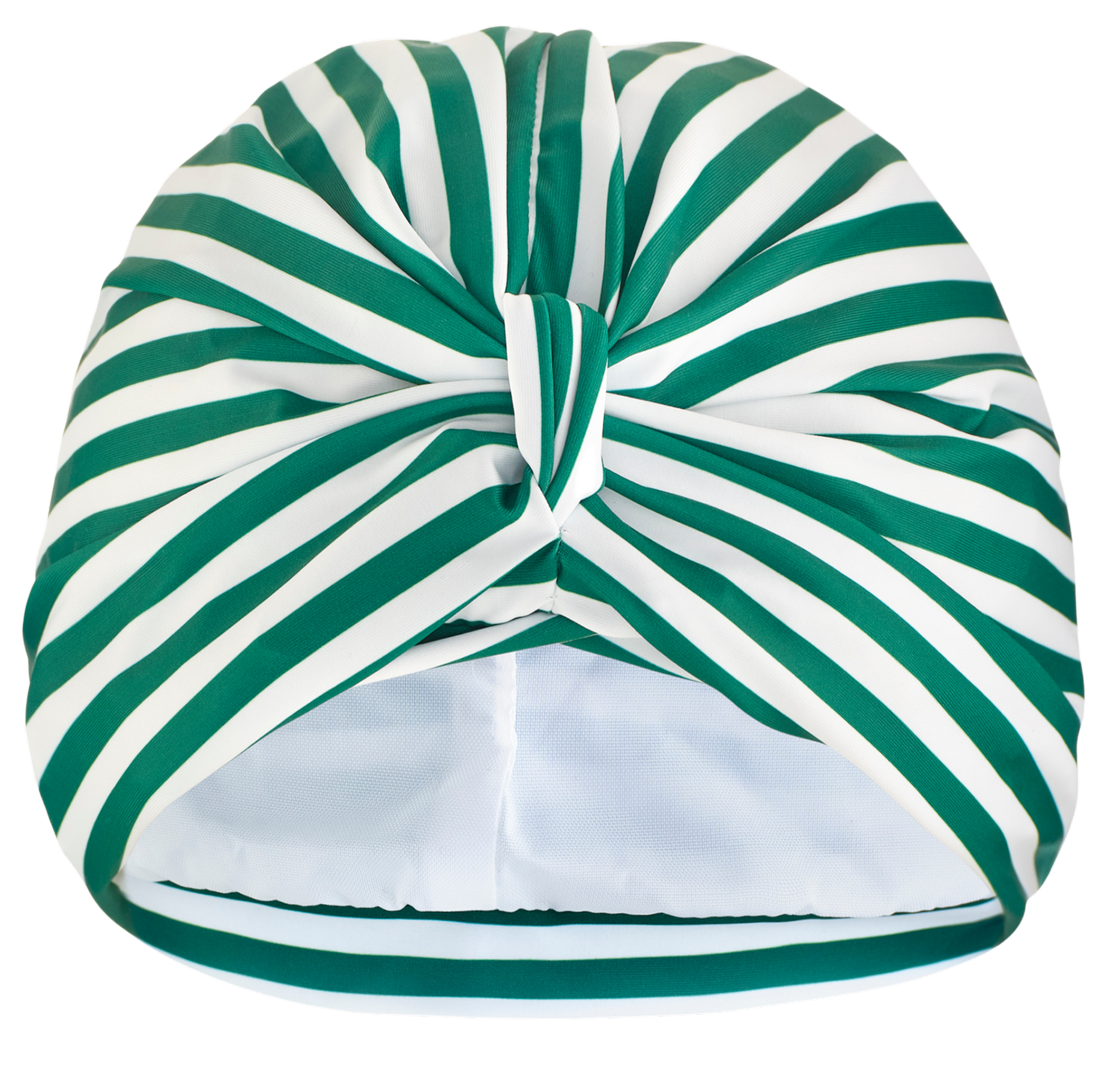 Green and white striped lycra pull on bamboo jersey lined drying turban, with pretty gather and knotted at front
