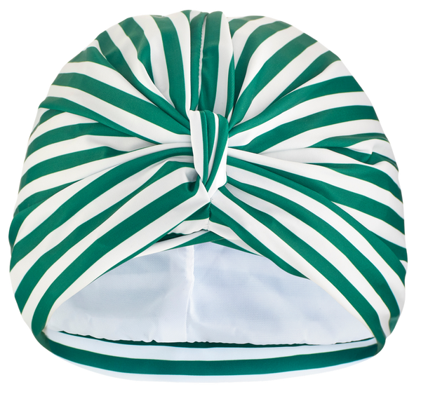 Racing green and white stripe lycra pull on waterproof turban, with pretty gather and knotted at front
