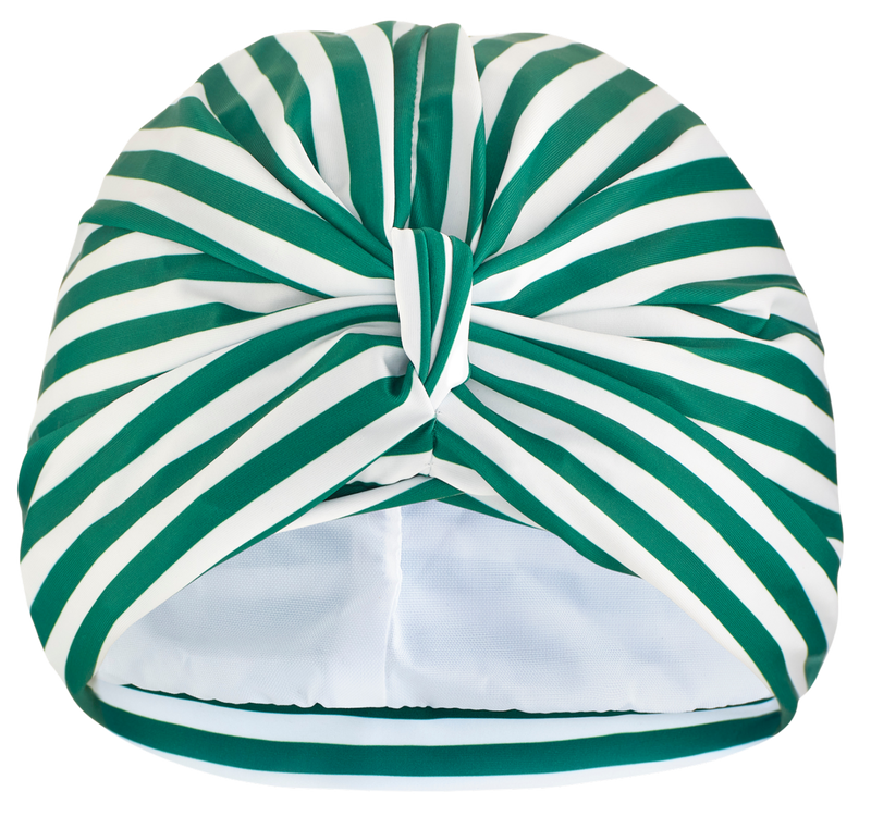 Green and white striped turban on a with front knot.
