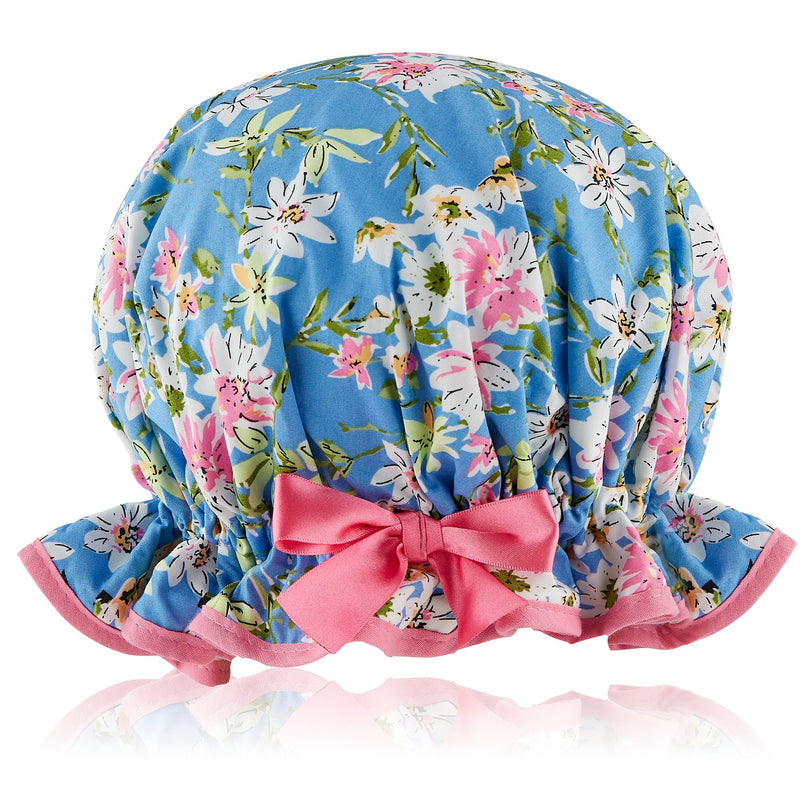Vintage style women's adjustable cotton shower cap.  Frilled edge, summer flowers print in green, white and pink, with a lovely sky-blue background, finished with a matching pink trim and satin bow.