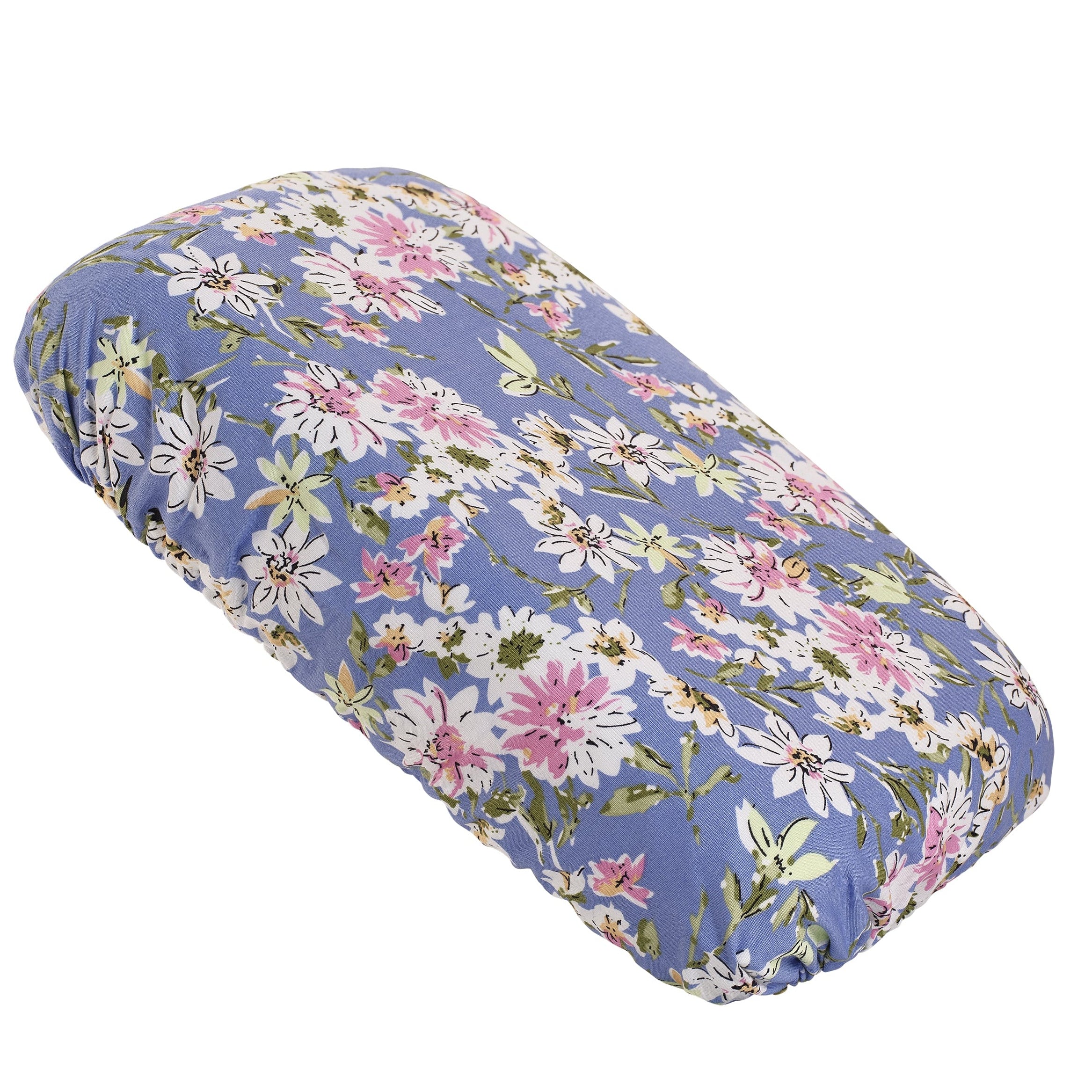 Soft waterproof rectangular bath pillow covered in a summer flowers print in green, white and pink, with sky-blue background.  Two suckers on reverse.