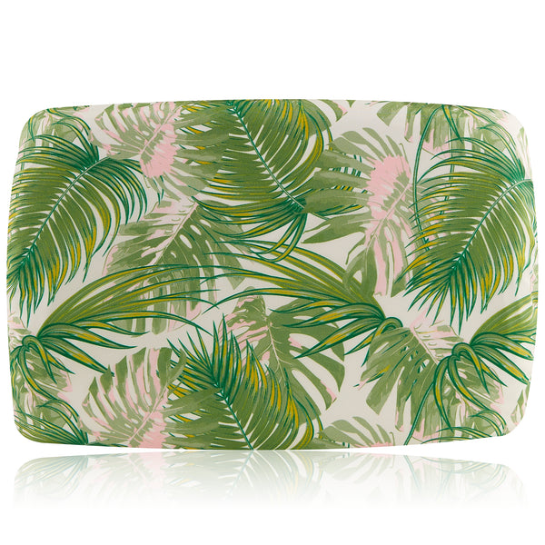 Soft waterproof rectangular bath pillow covered in a soft sikly satin print of green and pink hued palms leaves. Two suckers on reverse.